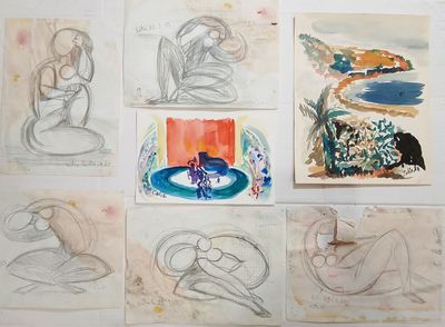 sketches of a woman sitting on a chair in front of a painting