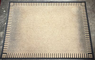 beige and black area rug with a black border on top of it