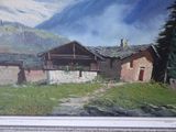 a painting of a house in a field with mountains in the background