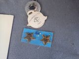 a silver medal and a pair of star earrings on a table