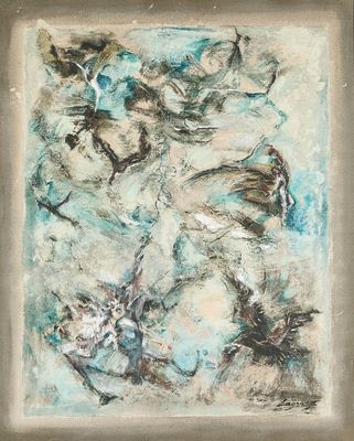 un tableau représentant un groupe d'oiseaux volant dans un ciel bleu