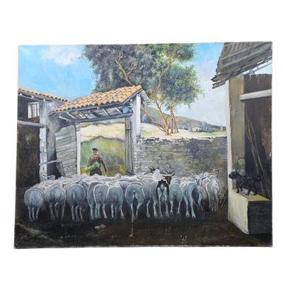 un tableau représentant un homme s'occupant d'un troupeau de moutons