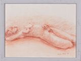 dessin représentant une femme nue allongée sur le dos dans un cadre blanc
