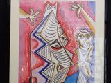 tableau représentant une femme et un homme tenant un cerf-volant devant un fond rouge