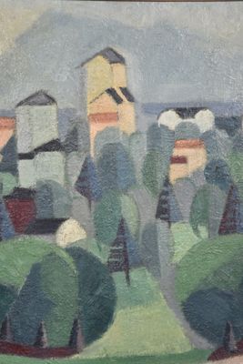 peinture représentant un paysage avec une église au loin et des arbres au premier plan