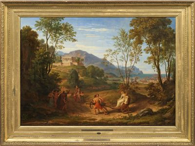 un tableau représentant un paysage avec un homme et une femme au premier plan et un groupe de personnes au premier plan