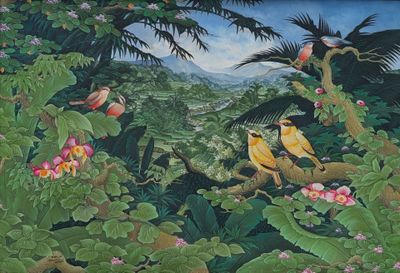 un tableau représentant des oiseaux perchés sur une branche d'arbre dans la jungle
