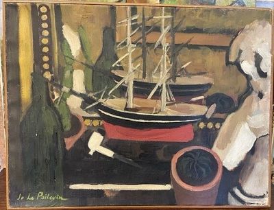 a painting of a teddy bear sitting next to a painting of a boat