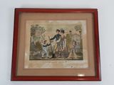 framed picture of a family in a garden with a dog and a cat