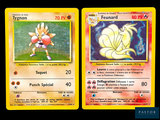 two pokemon cards with different designs on them on a black background
