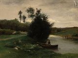 un tableau représentant deux personnes dans un bateau sur une rivière