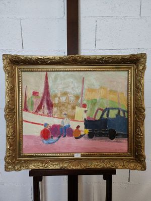 une peinture à l'huile représentant une voiture garée dans la rue, à côté d'un immeuble