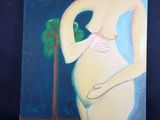 une peinture à l'huile représentant une femme enceinte avec un arbre en arrière-plan