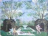 un tableau représentant un groupe de personnes assises dans un parc