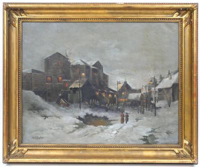 École du XIXe siècle Entrée de ville éclairée sous la neige