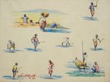 trois photos d'un tableau représentant des personnes sur une plage avec des parasols