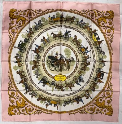 an image of a pink scarf with a picture of horses and carriages