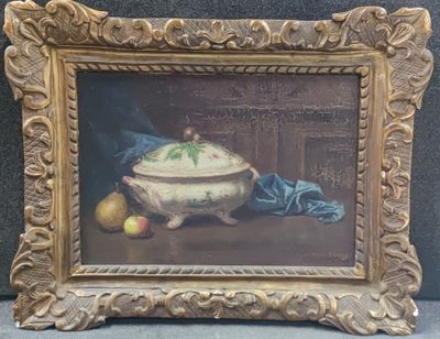 a picture of a painting of a bowl of food on a table