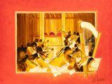 une image représentant un tableau où l'on voit un groupe de personnes en train de jouer de la musique