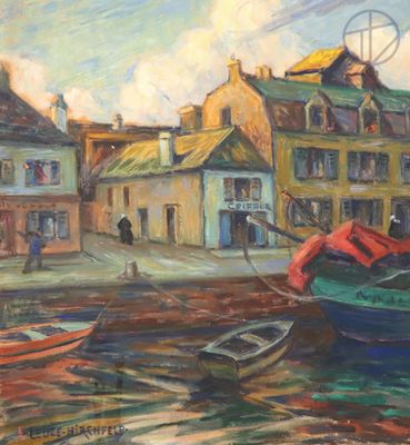 une peinture représentant un bateau sur l'eau, devant un immeuble