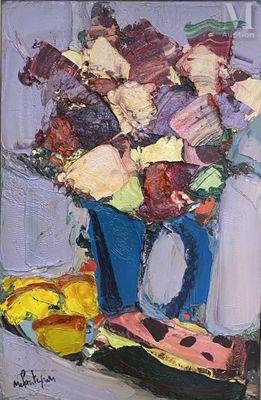 une peinture de fleurs dans un vase sur une table