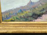 an oil painting of a mountain scene with a horse in the foreground