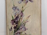 painting of purple irises on a beige background