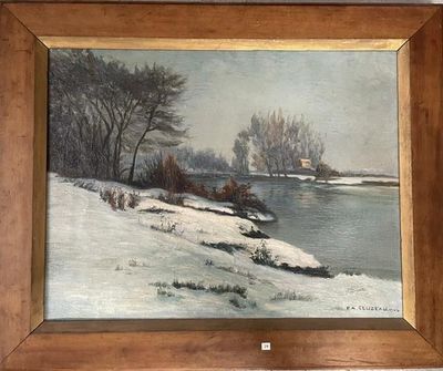une peinture à l'huile représentant un paysage enneigé avec une rivière au premier plan