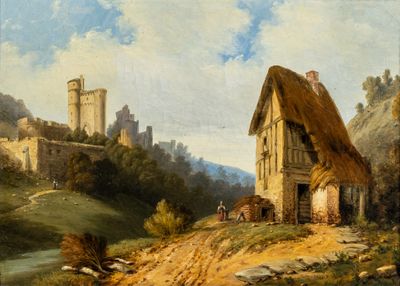 a painting of a house with a thatched roof on a hill