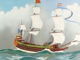 une peinture représentant un bateau sur l'eau, avec le ciel en arrière-plan