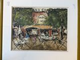 framed watercolor painting of a cafe with people sitting at tables