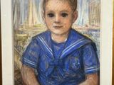 painting of a young boy in a sailor ' s uniform sitting on a boat
