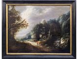 a painting of a landscape with a man and a dog in the foreground