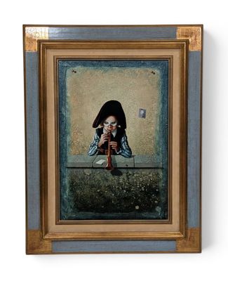 tableau représentant une femme assise sur un rebord, un téléphone portable à la main