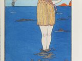 dessin représentant une femme en robe jaune debout dans l'eau