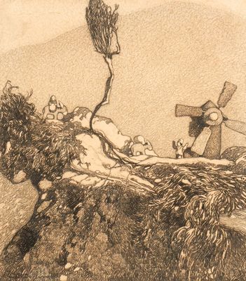a drawing of a man on a horse with a windmill in the background
