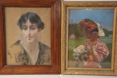 painting of a woman in a red hat and a woman in a pink dress