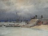 un tableau représentant des bateaux sur l'eau près d'un embarcadère