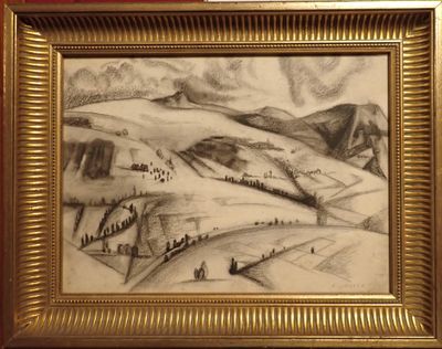 dessin représentant un paysage avec une montagne en arrière-plan