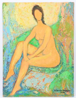 un tableau représentant une femme assise sur un canapé vert
