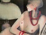 un tableau représentant une femme assise sur une chaise, avec une lampe en arrière-plan
