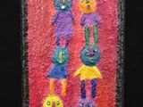 a painting of a group of people on a red background
