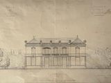 drawing of a drawing of a building with a clock on the top of it