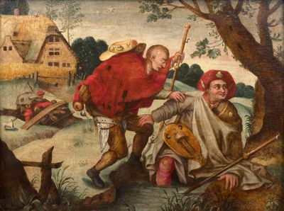 un vieux tableau représentant un homme et une femme dans un environnement boisé