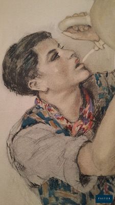 tableau représentant un homme tenant une cruche dans la main droite et une cigarette dans l'autre main