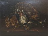 tableau représentant deux lapins et un oiseau mort posés sur une table