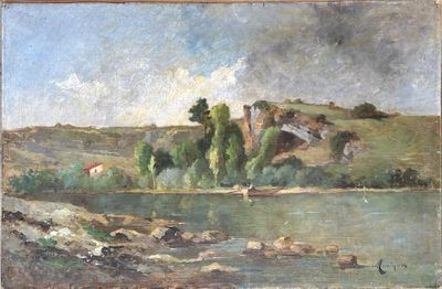 l'image d'une peinture représentant une rivière avec un château à l'arrière-plan