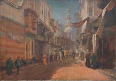 painting of a street scene with people walking down the street