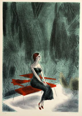 tableau représentant une femme assise sur un banc rouge dans une forêt