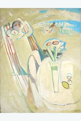 a painting on the wall of a kitchen with utensils in a vase